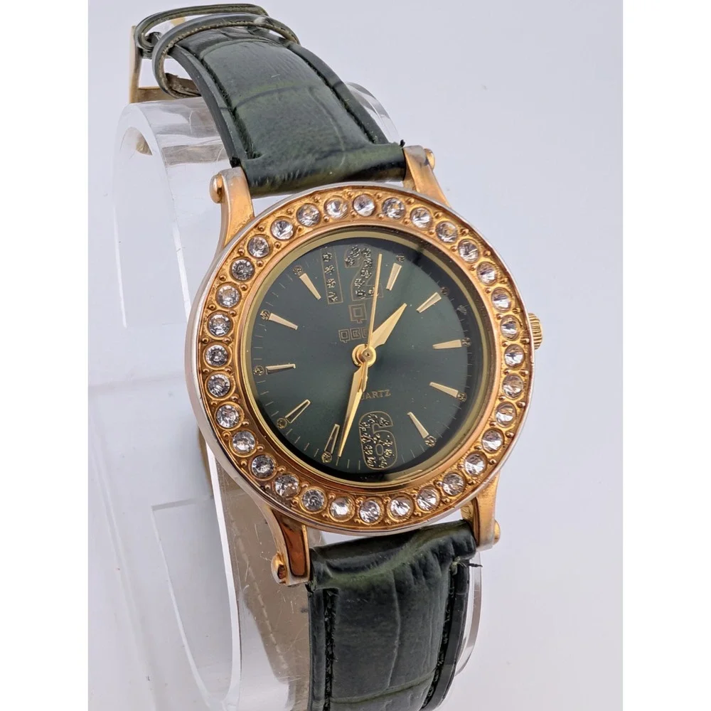 QBOS Limited Edition Watch Gold Case Olive Green Leather Band- New‎ Battery